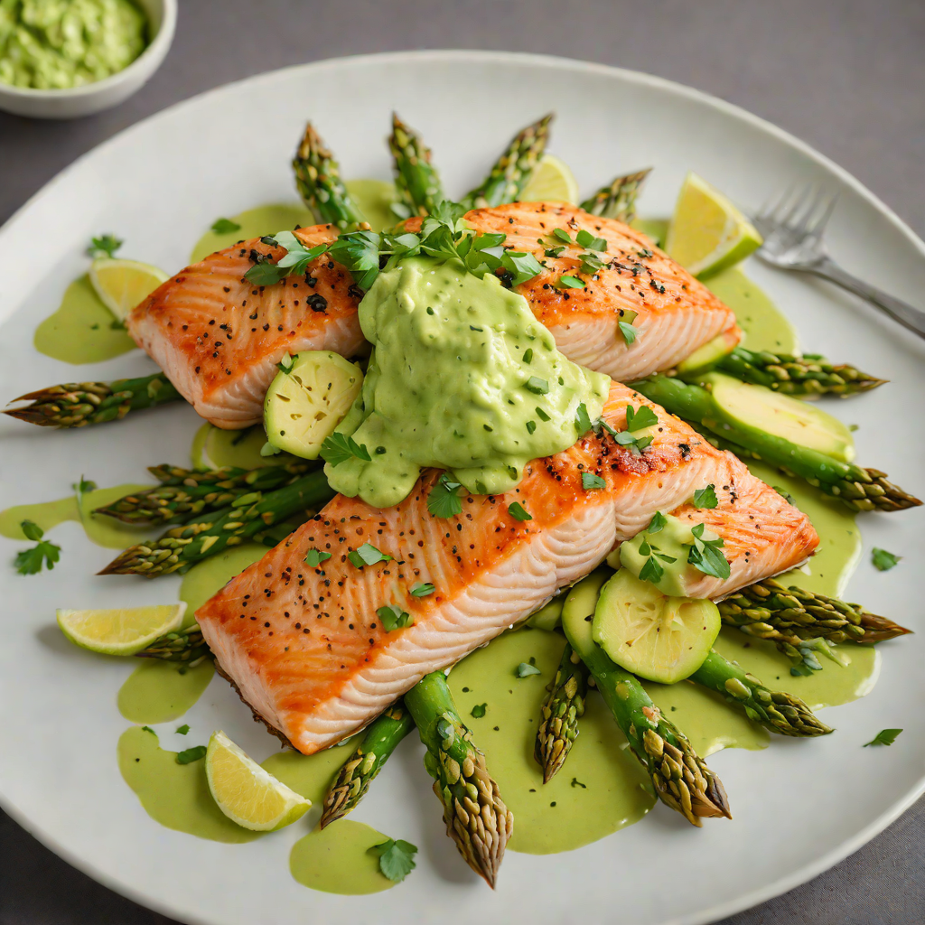 Pan-Seared Salmon with Avocado Cilantro Sauce and Roasted Asparagus