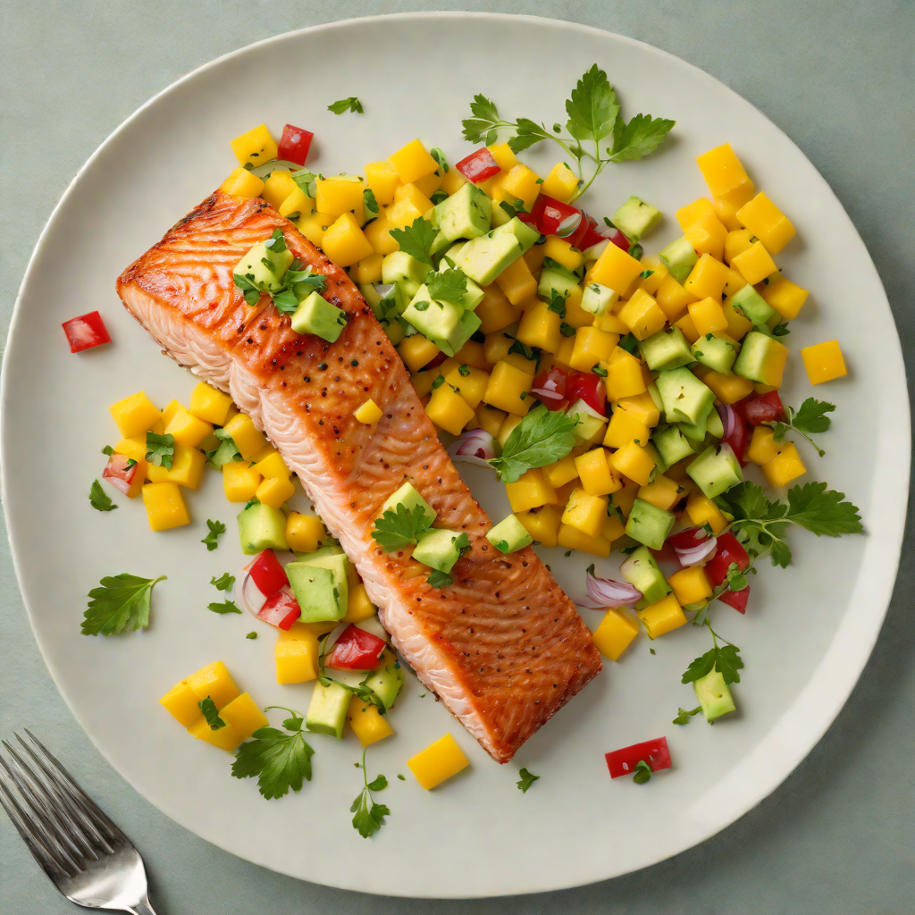Pan-Seared Salmon with Avocado Crema and Mango Salsa