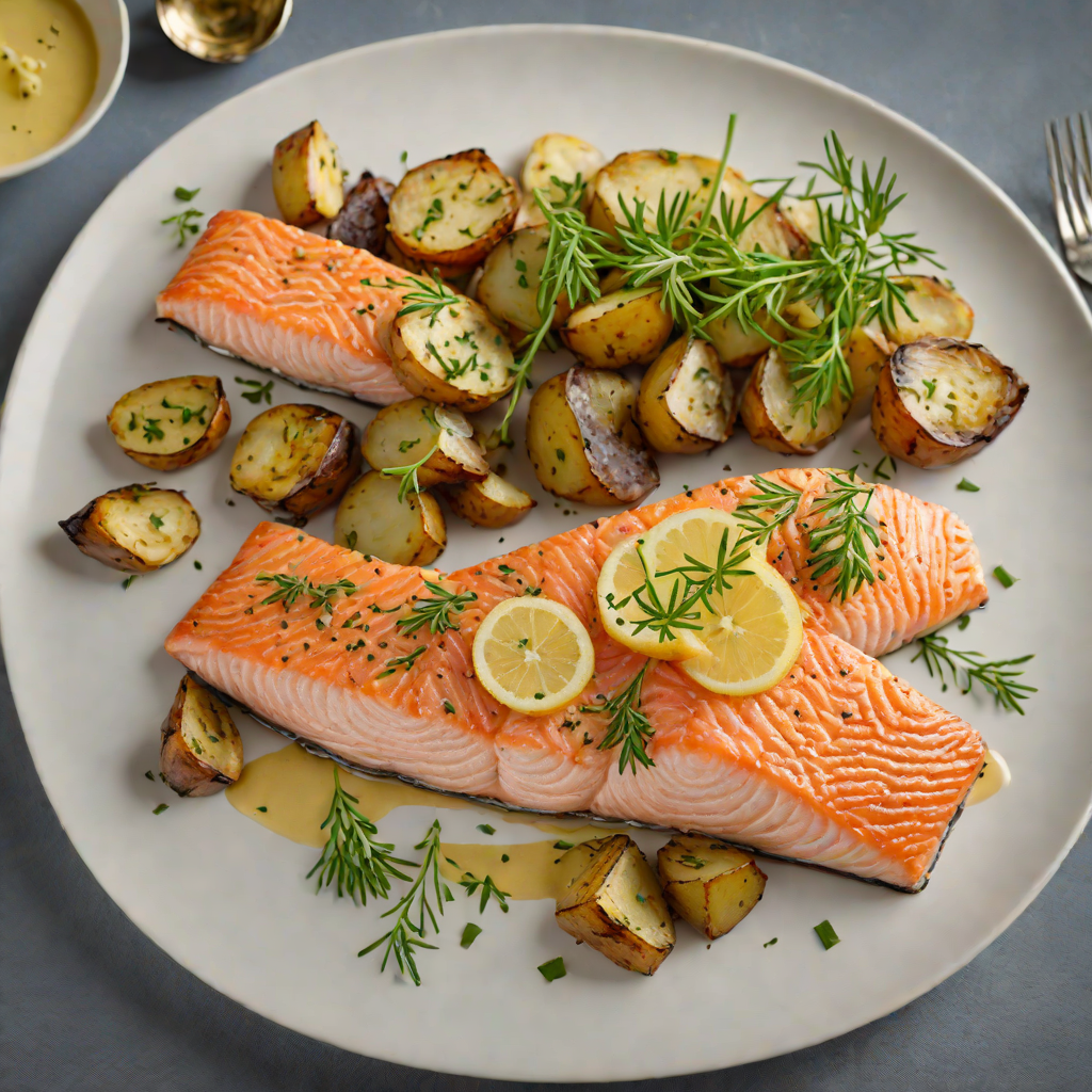 Pan-Seared Salmon with Blue Angel Herb Butter and Roasted New Potatoes
