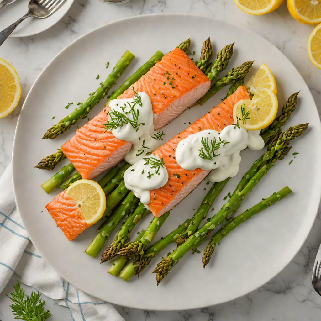 Pan-Seared Salmon with Lemon-Dill Yogurt Sauce and Steamed Asparagus