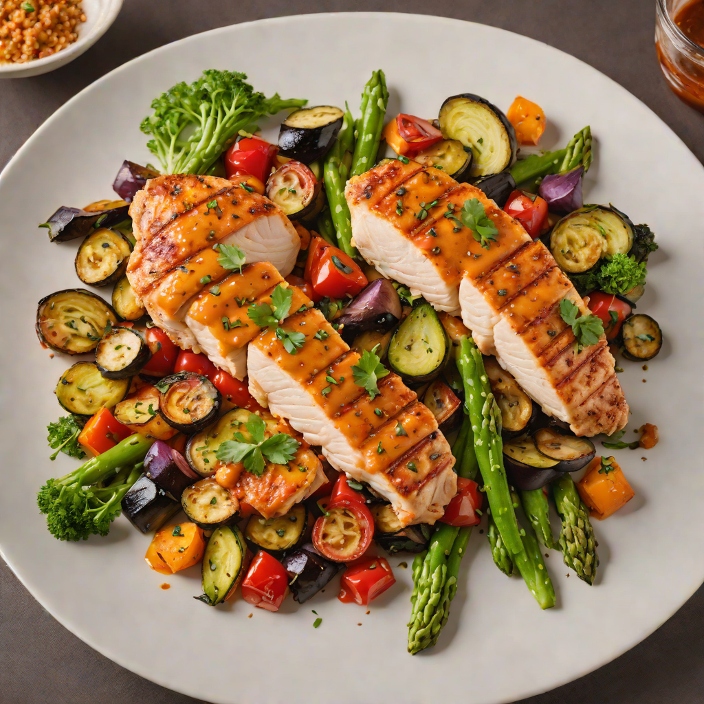 Pan-Seared Chicken with Romesco Sauce and Grilled Vegetables