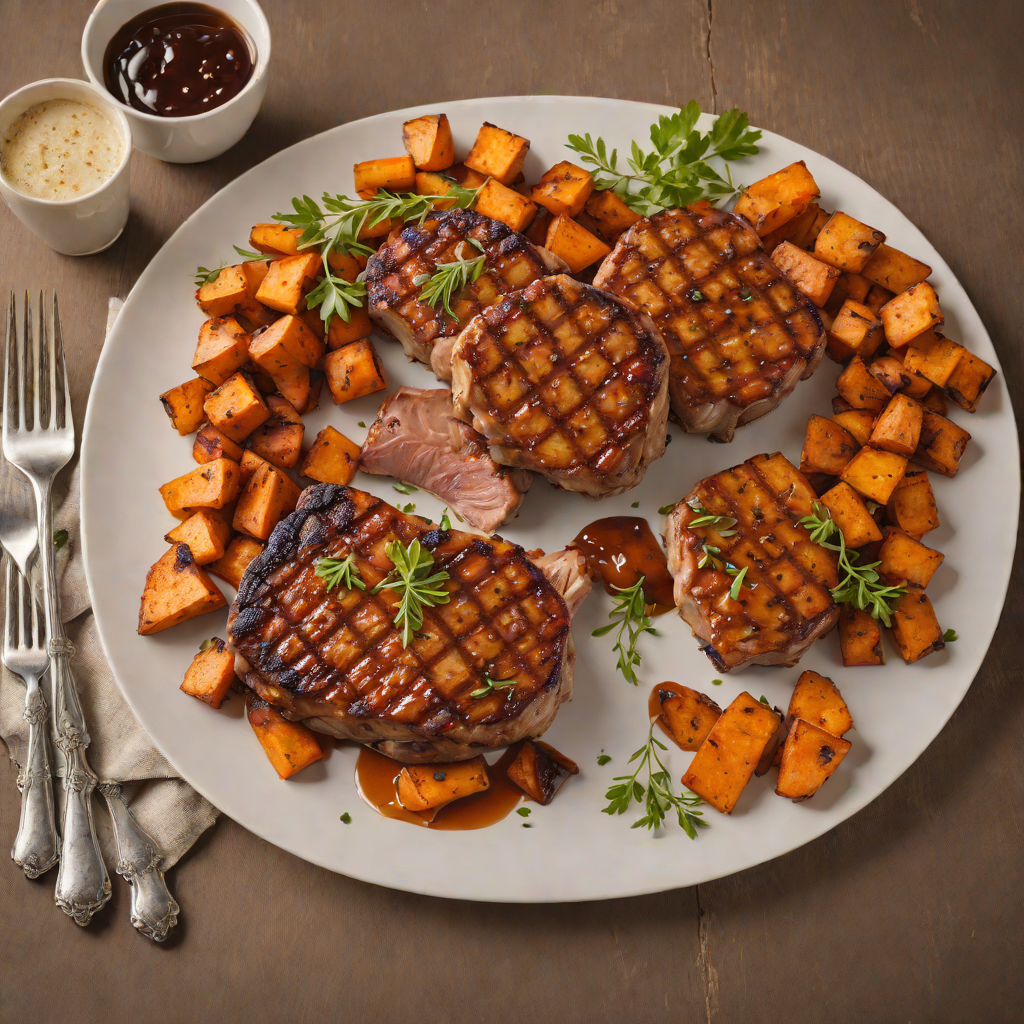 Kentucky Bourbon-Glazed Pork Chops with Maple Roasted Sweet Potatoes