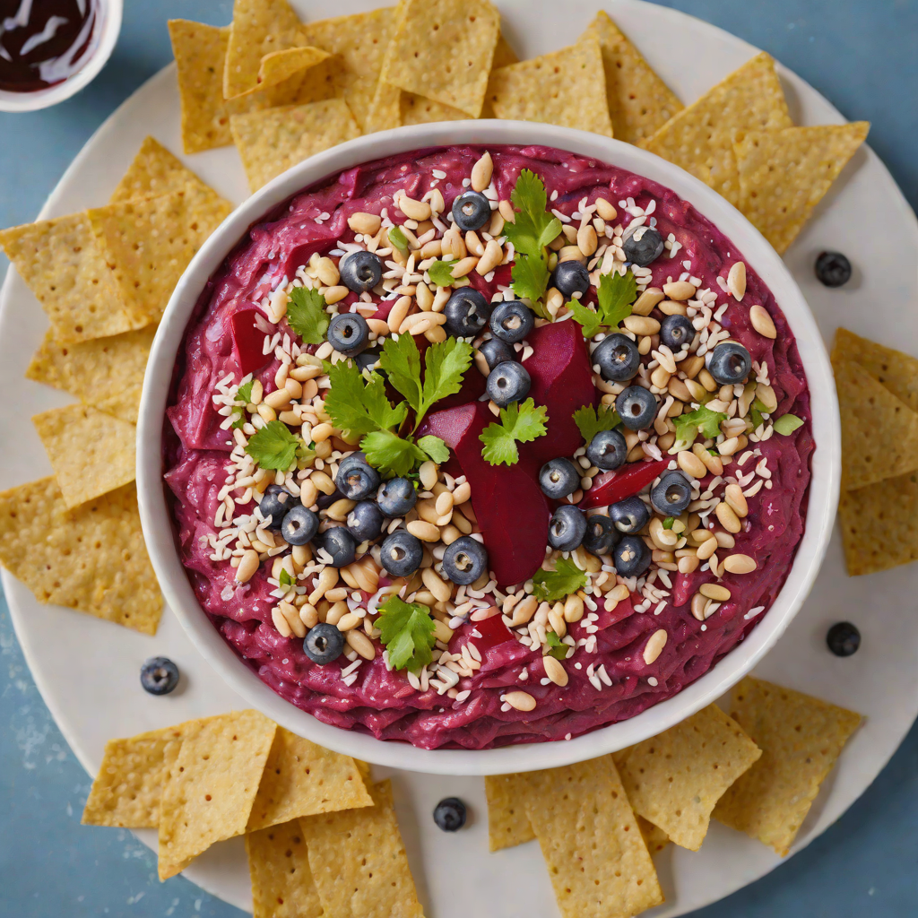 Layered Red Beet and White Bean Dip with Blue Corn Chips