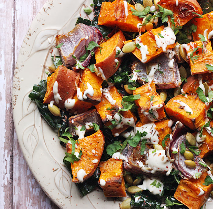 Miso-Glazed Roasted Sweet Potatoes with Tahini Drizzle