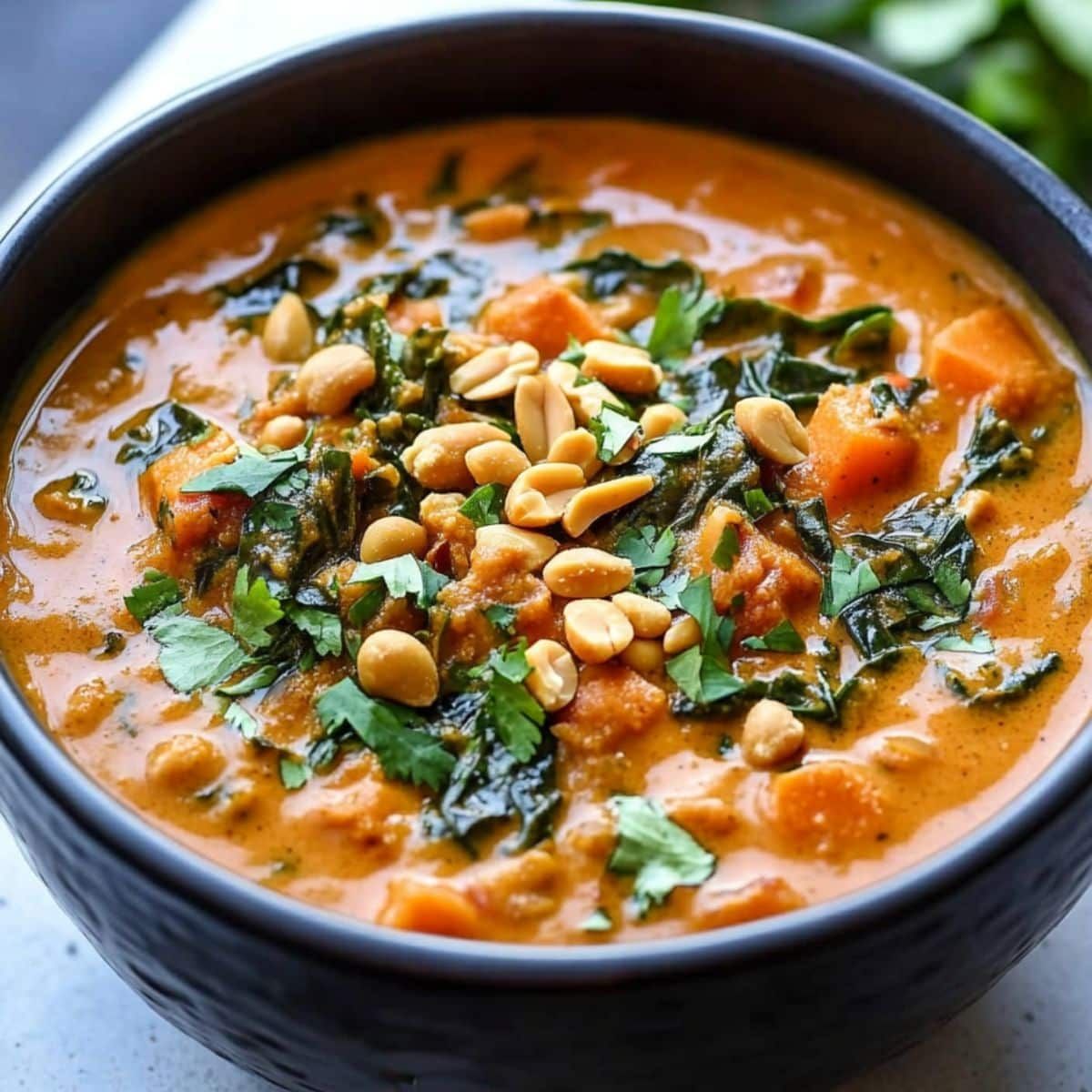 Spiced Yam and Peanut Soup with Greens
