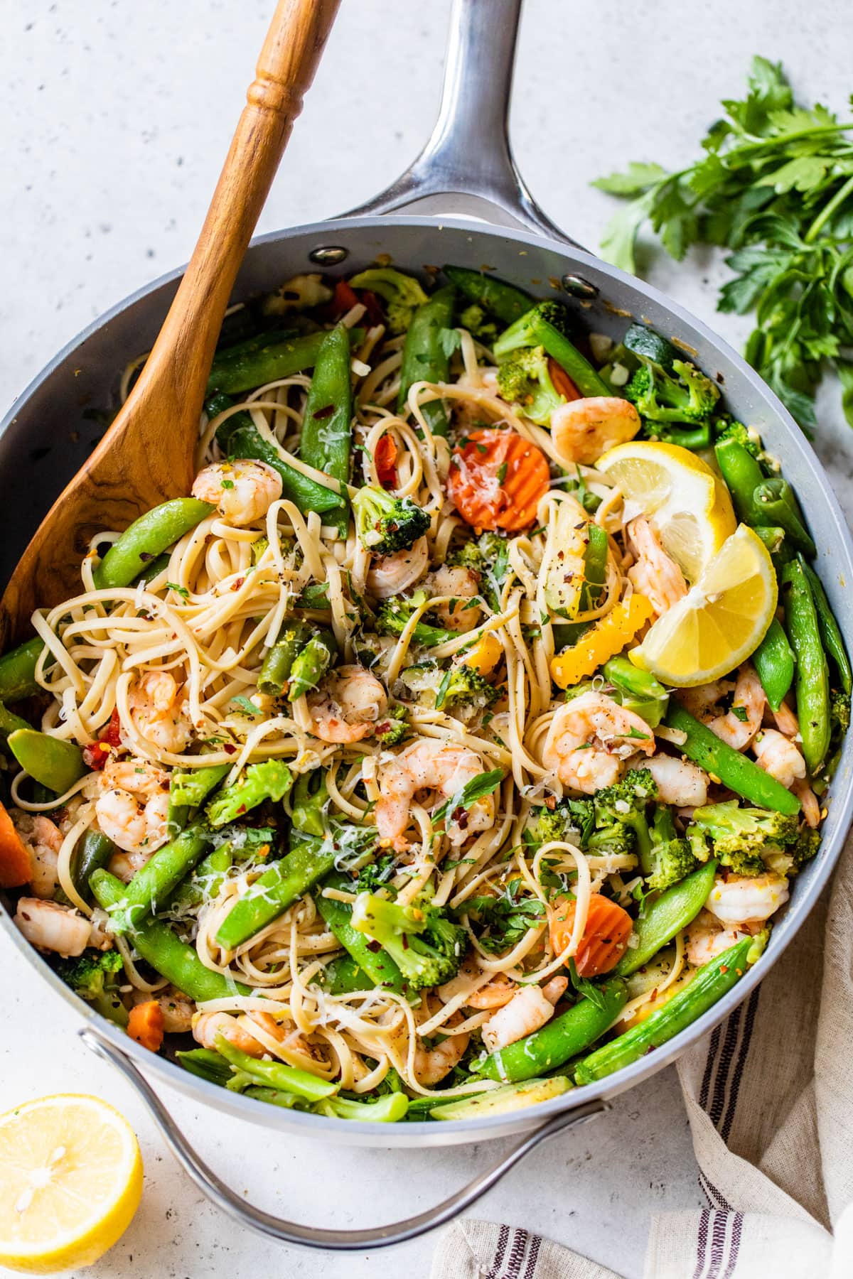 Lemon-Herb Shrimp Pasta with Garlic Bread Croutons