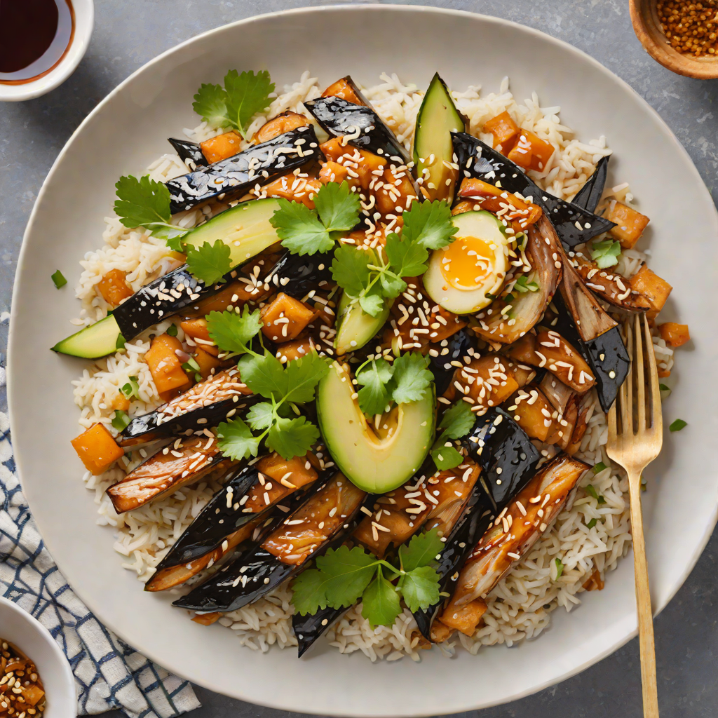 Miso-Glazed Eggplant Donburi with Pickled Ginger and Sesame
