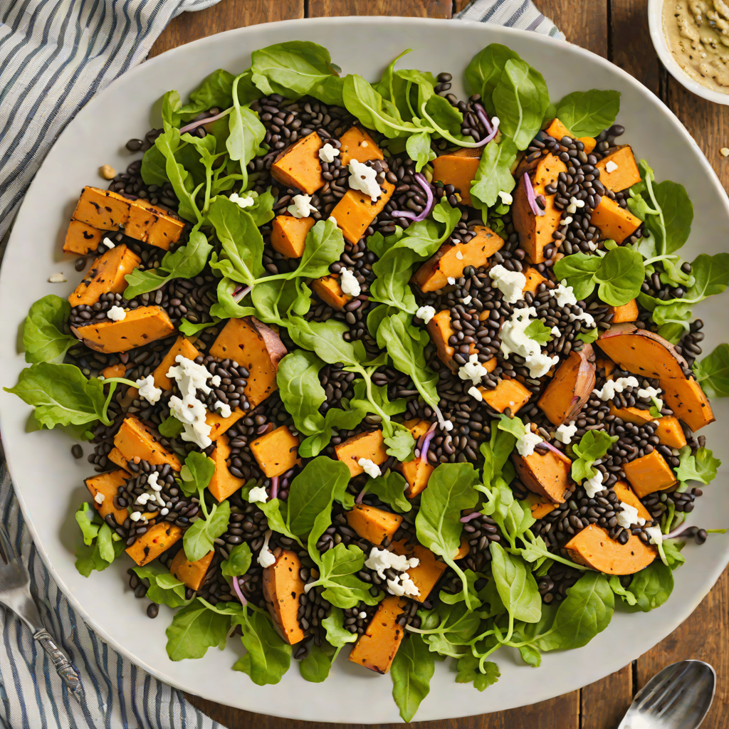 Half-Baked Sweet Potato and Black Lentil Salad with Tahini Dressing