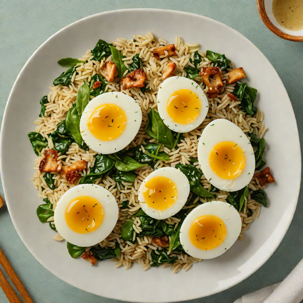 Half-Boiled Egg and Spinach Rice Bowl with Soy-Ginger Sauce