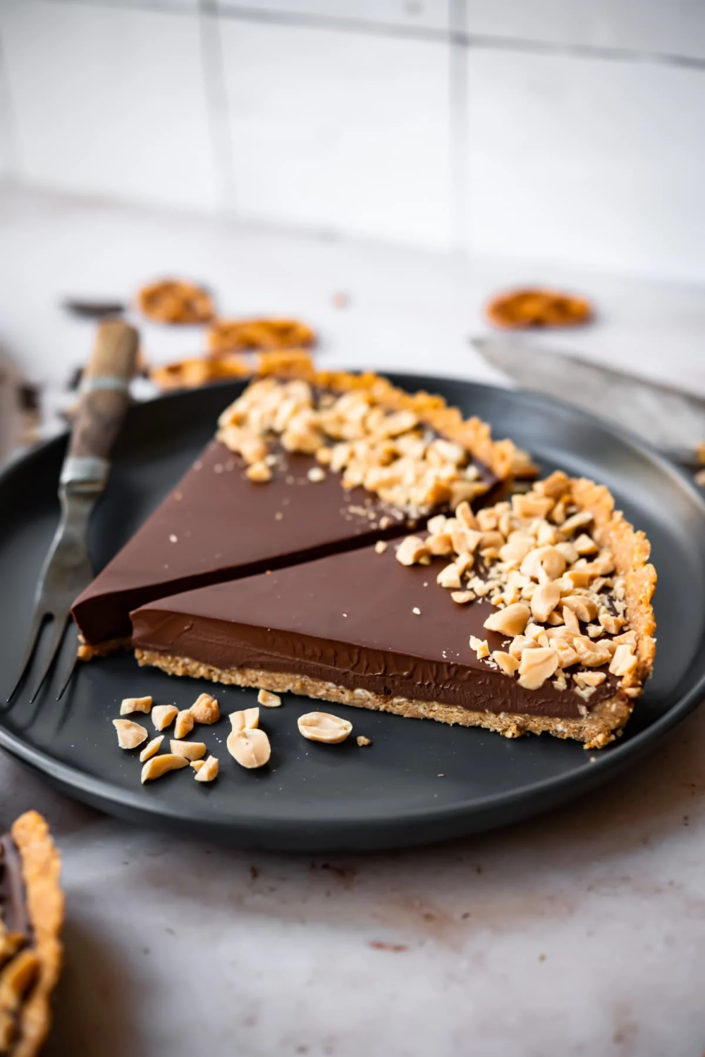 No-Bake Chocolate Peanut Butter Tart with Crushed Pretzel Crust