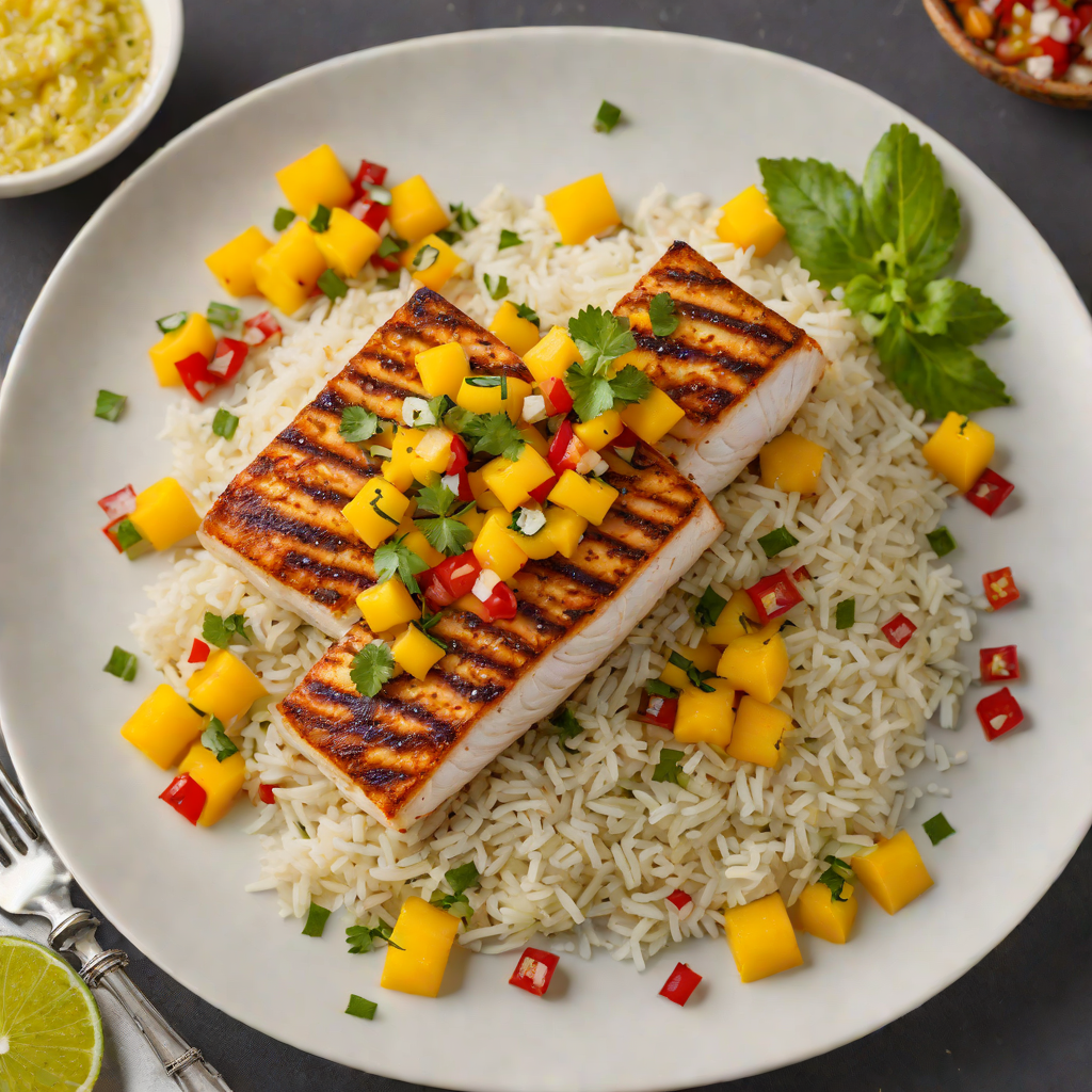 Seared Mahi-Mahi with Mango-Papaya Salsa and Coconut Rice