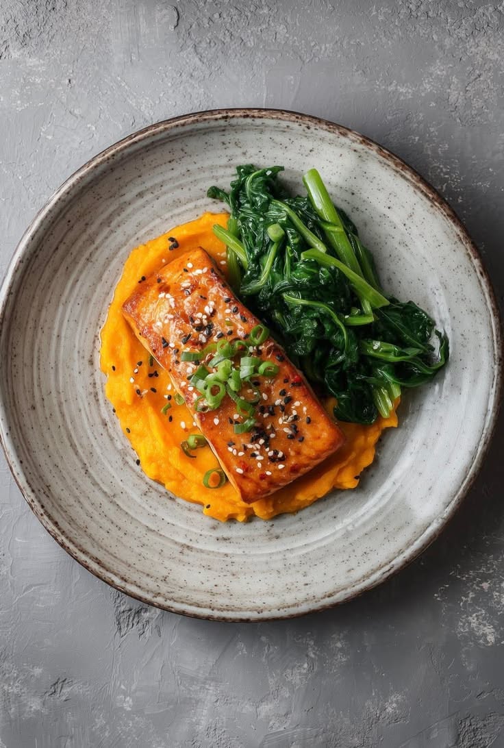 Pan-Fried Salmon with Citrus Soy Glaze and Sesame Spinach