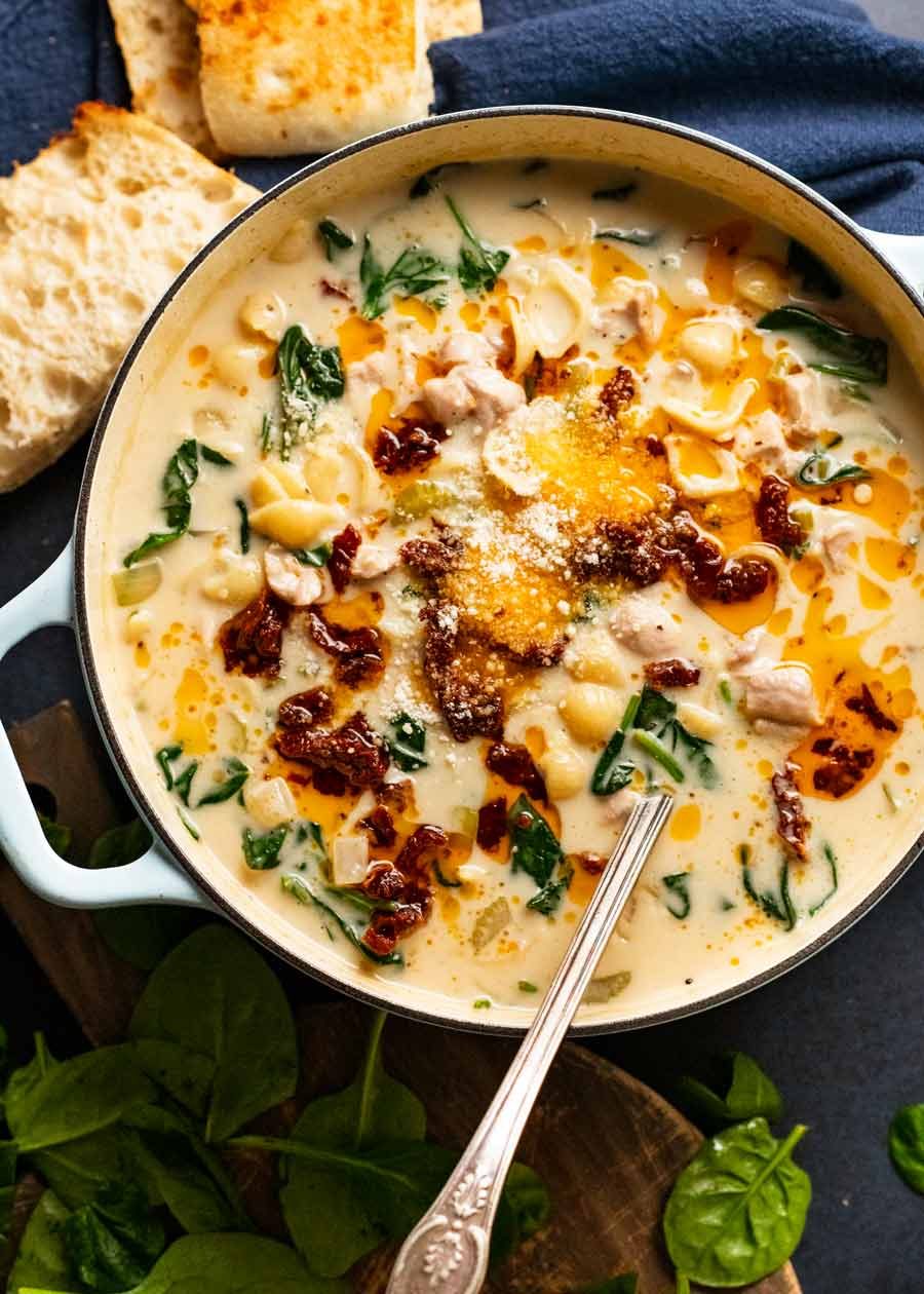 Sautéed Tuscan Chicken Soup with Spinach and Sun-Dried Tomatoes