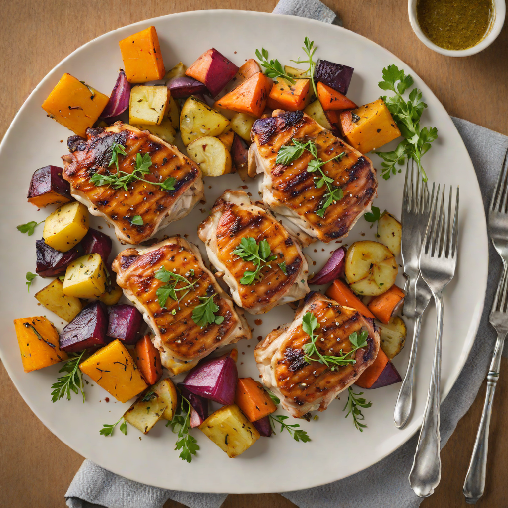 Grilled Maple-Mustard Chicken Thighs with Roasted Root Vegetables