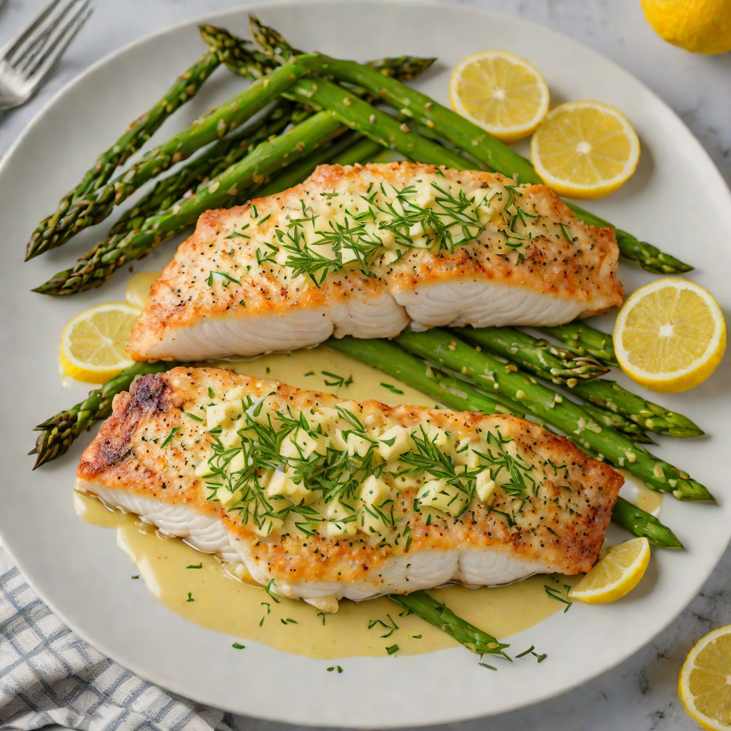 Oven-Baked Walleye with Lemon-Dill Butter and Roasted Asparagus