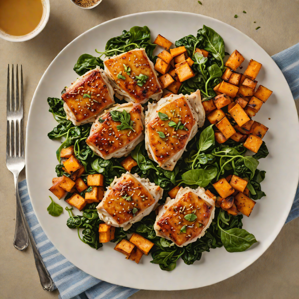 Pan-Seared Chicken Thighs with Roasted Sweet Potatoes and Garlic-Ginger Spinach