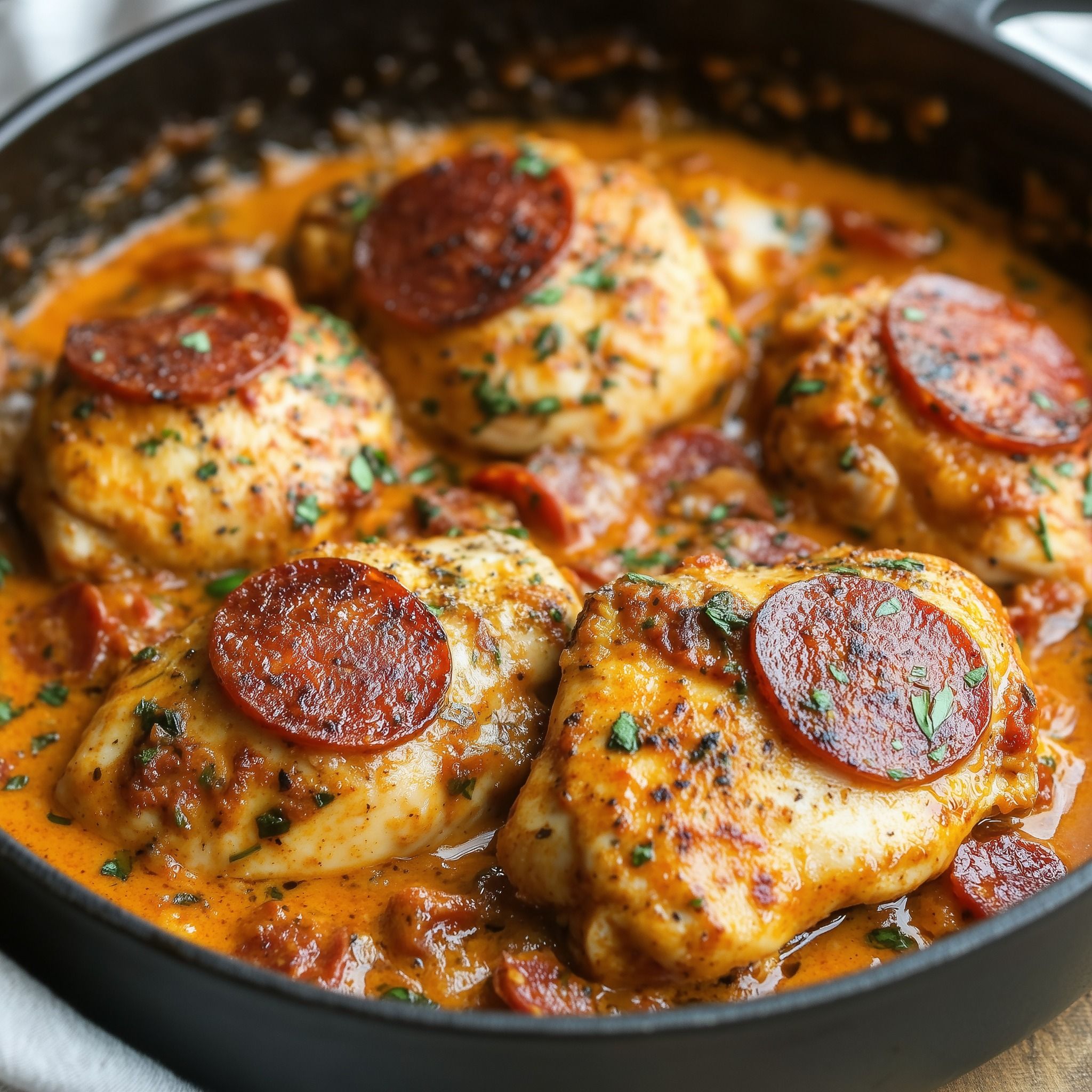 Pan-Seared Chicken with Spiced Pepperoni and Cinnamon Bread Crumbs