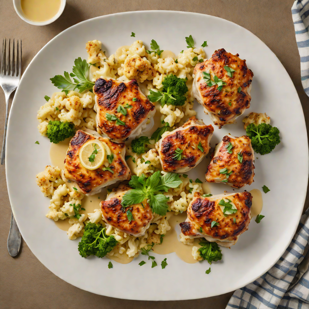 Pan-Seared Chicken Thighs with Roasted Cauliflower and Lemon-Garlic Sauce