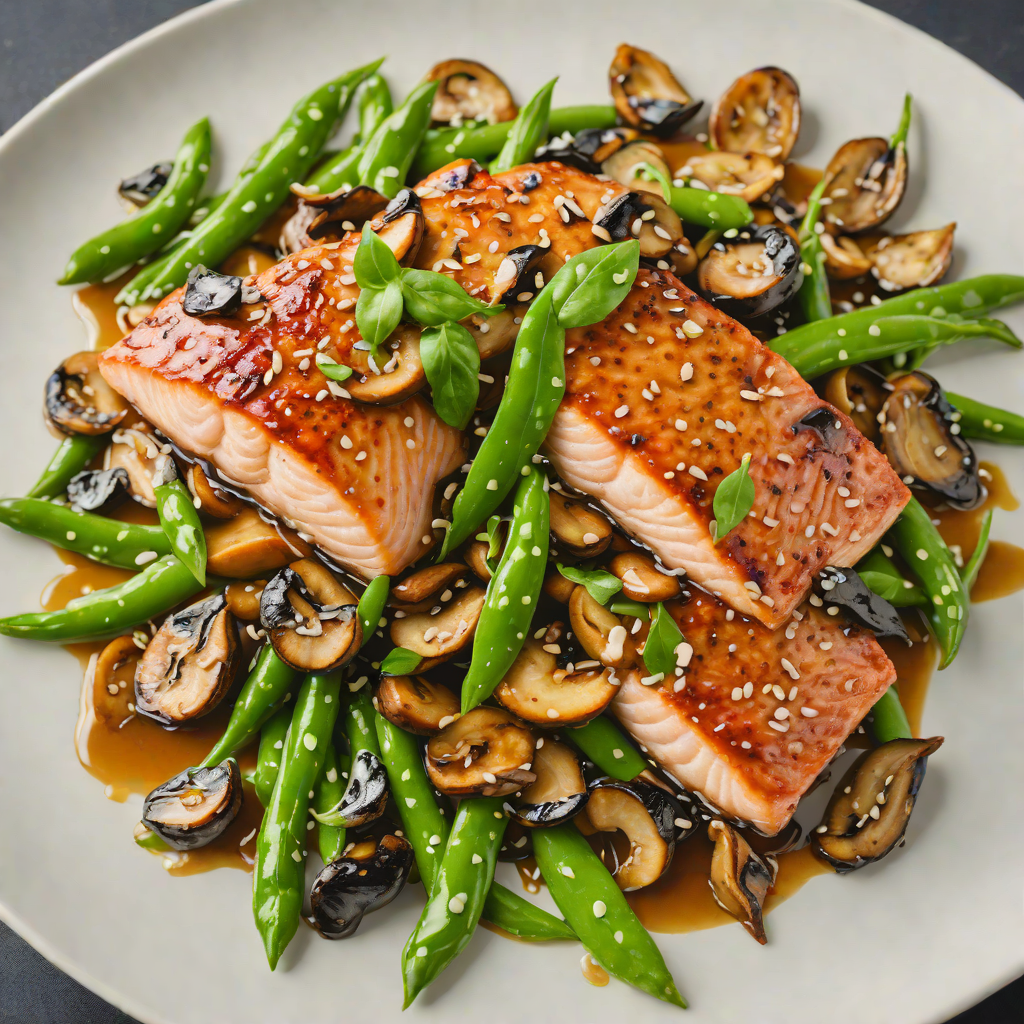Ginger-Soy Glazed Salmon with Stir-Fried Snow Peas and Mushrooms