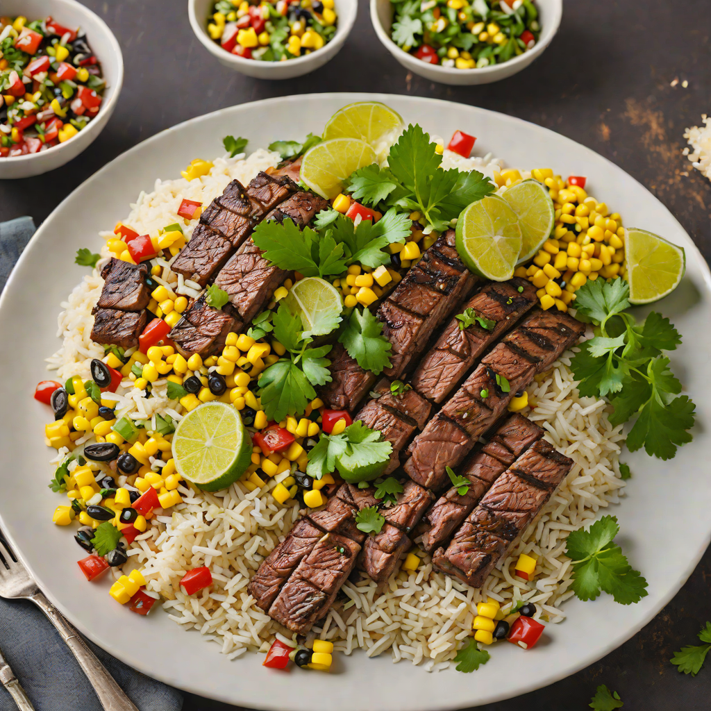 Grilled Asada Plate with Charred Corn Salsa and Cilantro Lime Rice