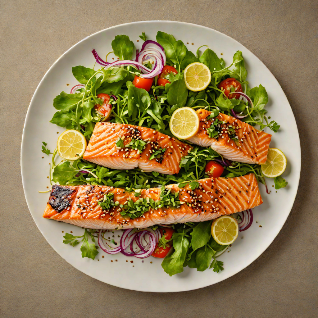 Sake-Marinated Grilled Salmon with Sesame Greens Salad
