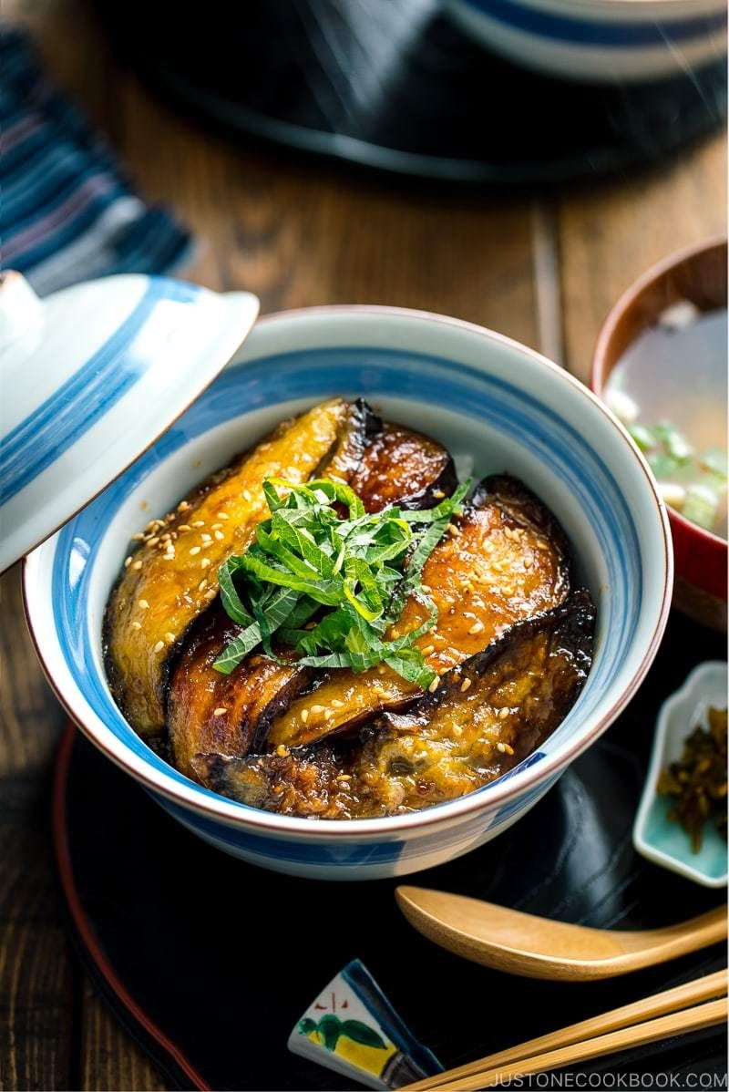 Spicy Miso-Glazed Eggplant Donburi with Sesame and Scallions
