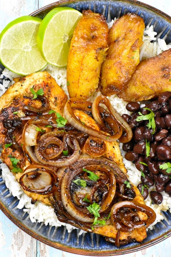Pan-Seared Pollo with Refried Beans and Mexican Rice