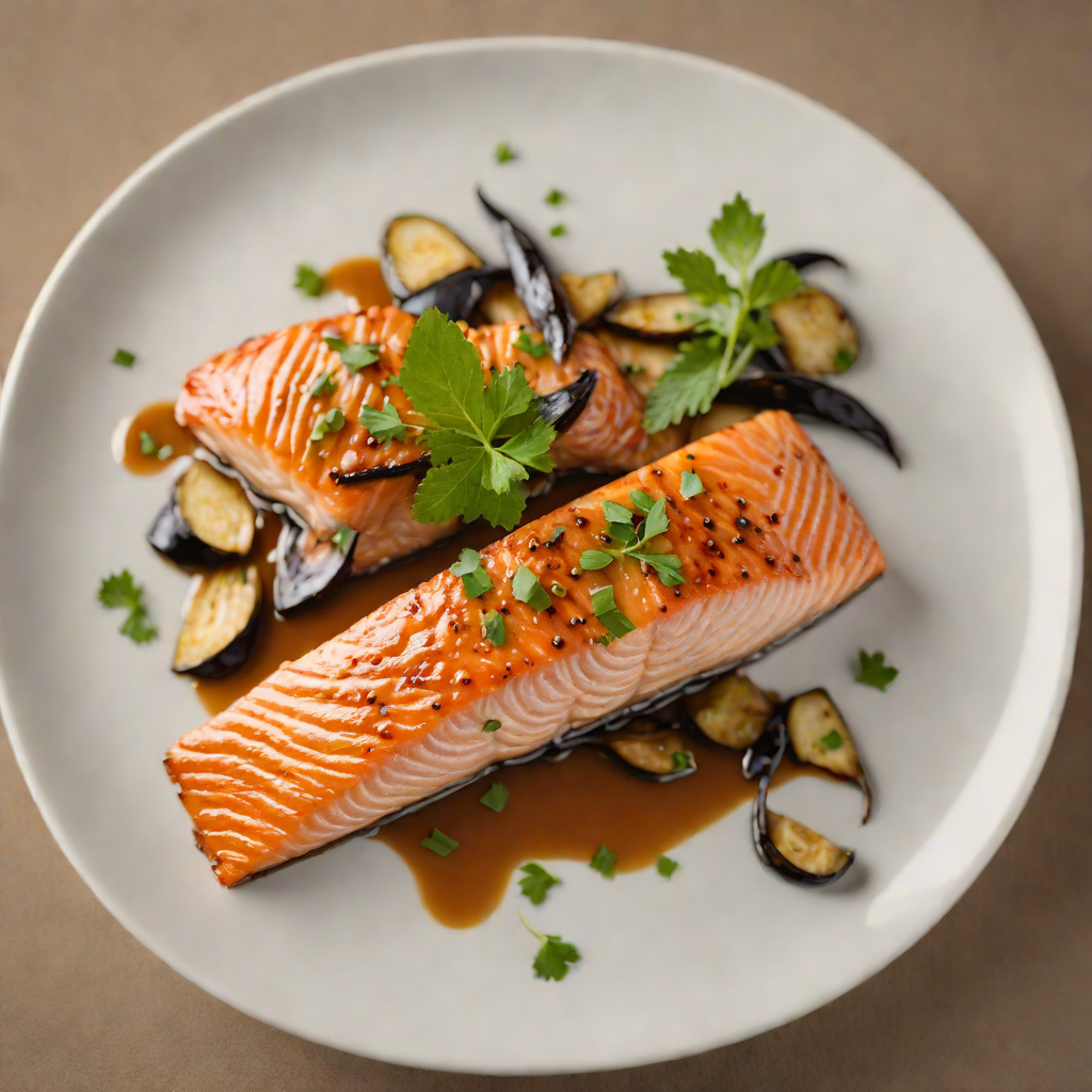 Sake-Infused Grilled Salmon with Miso Glazed Eggplant