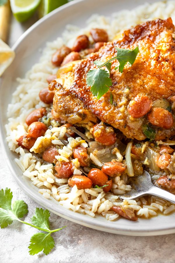 Pan-Seared Pollo with Pinto Beans and Cilantro Rice