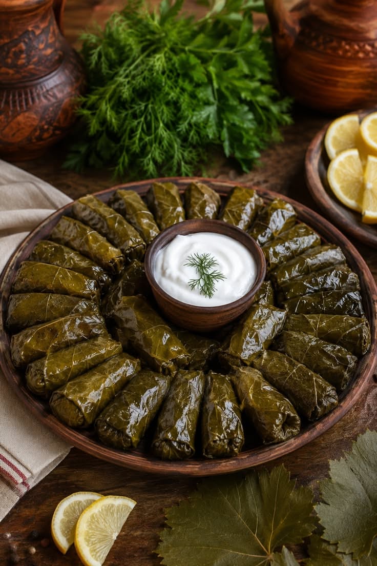 Spiced Dolma-Style Stuffed Grape Leaves with Lamb and Rice