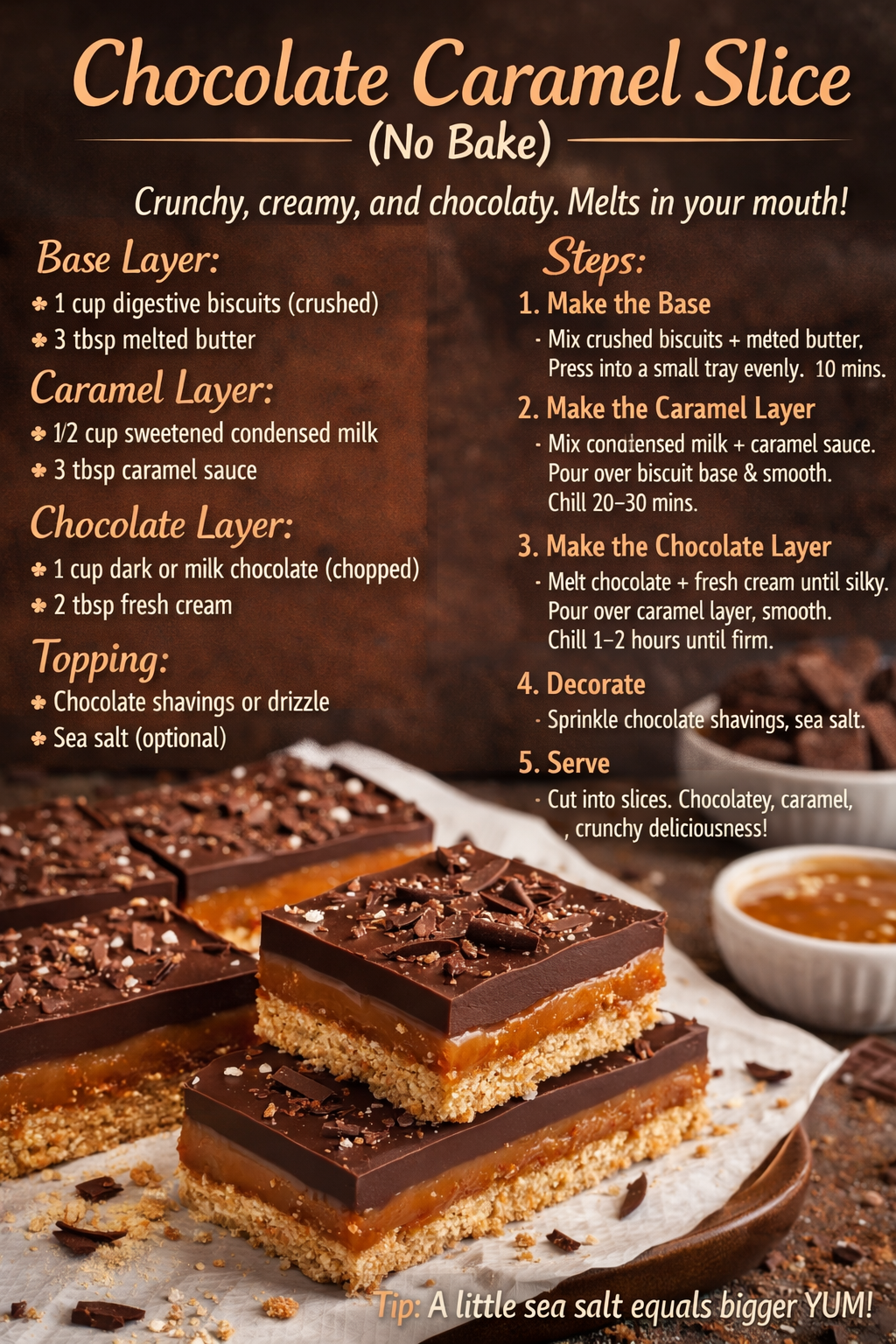 No-Bake Caramel Slice with Chocolate Ganache and Biscuit Base