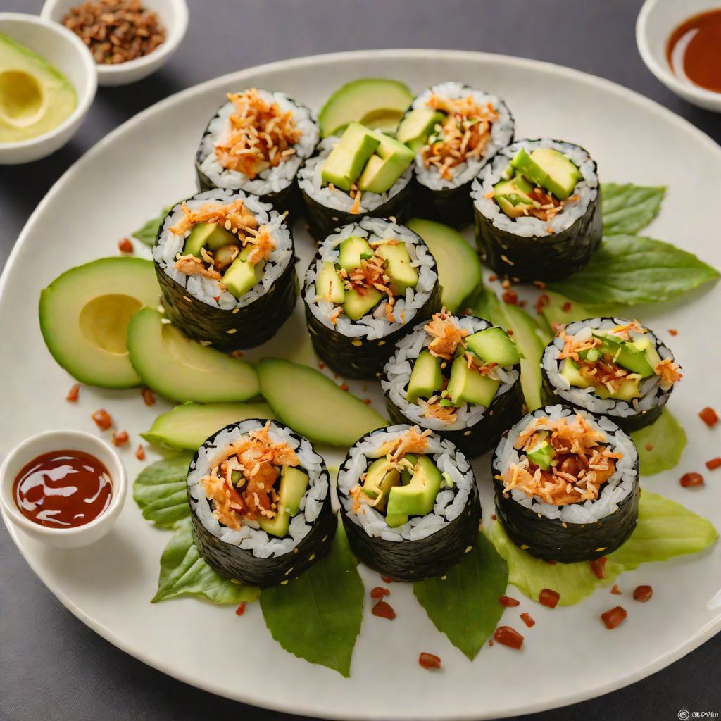 Suko-Style Spicy Tuna Sushi Roll with Avocado and Crispy Tempura Flakes