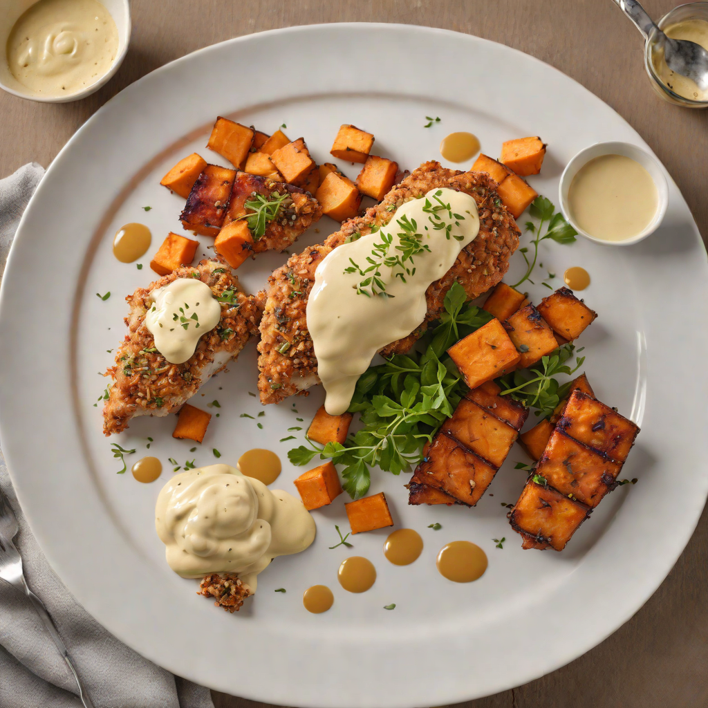 Macadamia-Crusted Chicken with Wattleseed Aioli and Roasted Sweet Potato