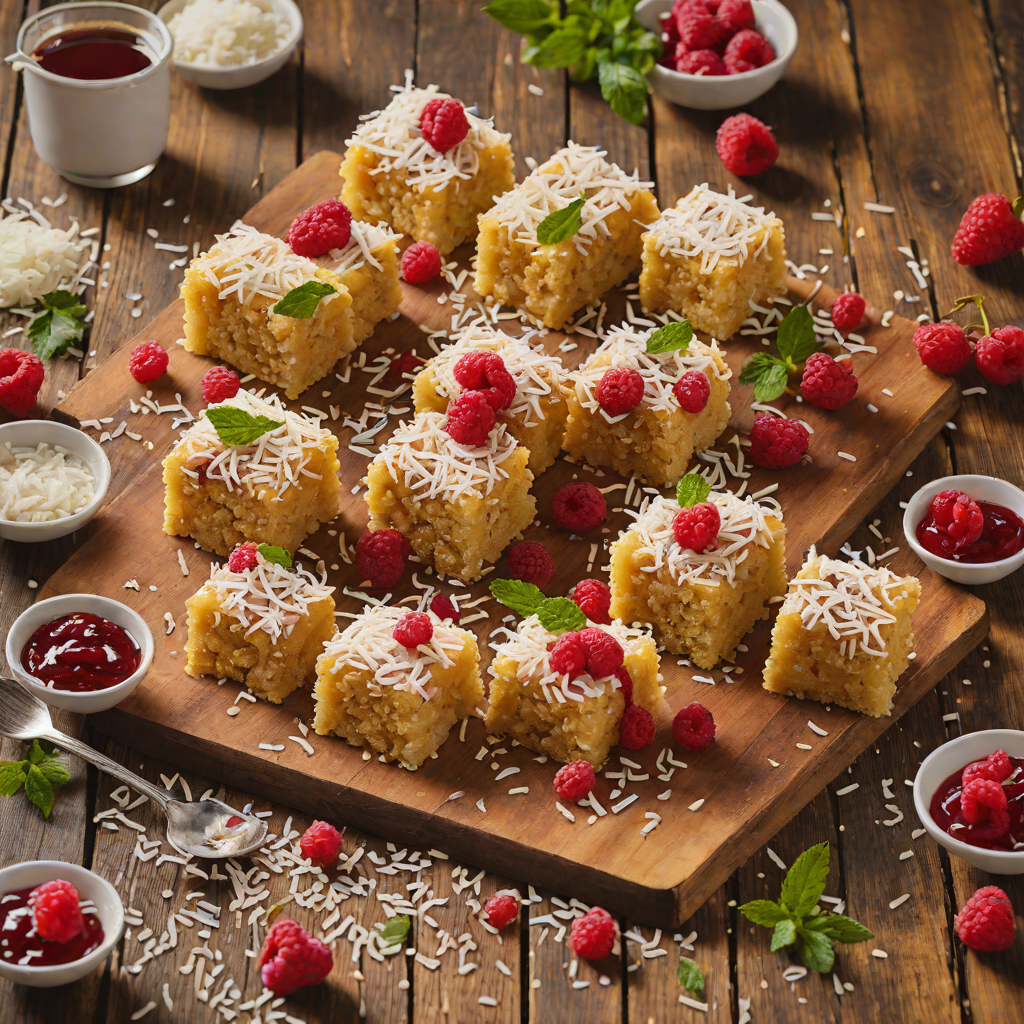 Golden Lamington Cubes with Raspberry Jam and Coconut