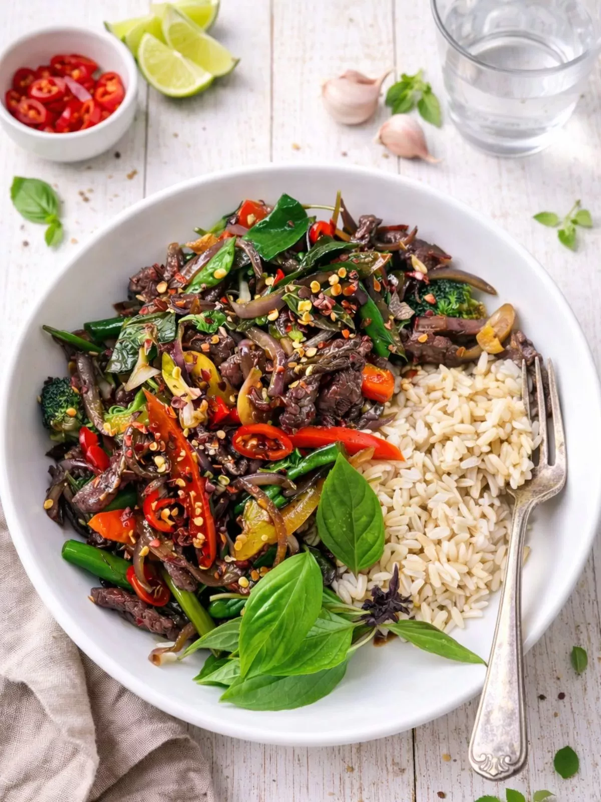 Basil Stir-Fried Beef with Garlic and Chili