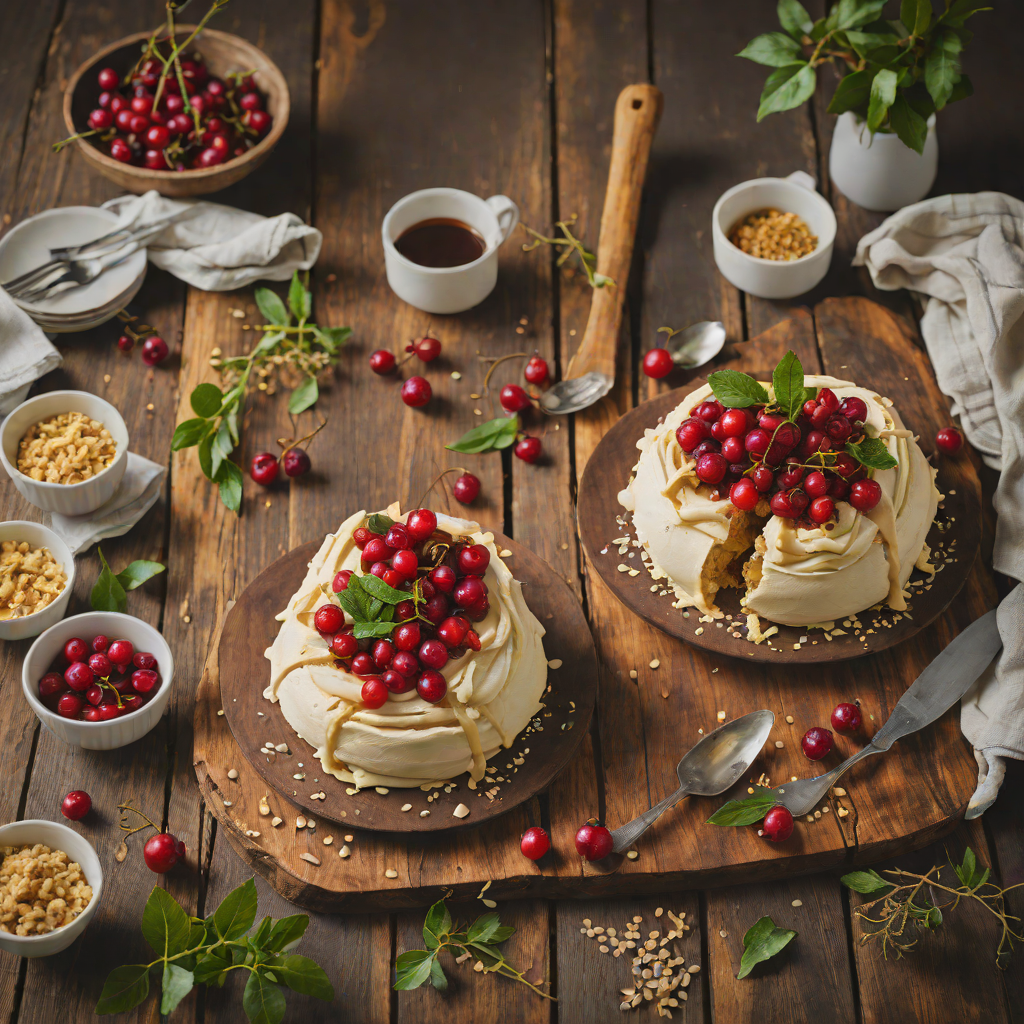 Sticky Wattleseed and Macadamia Pavlova with Quandong Compote