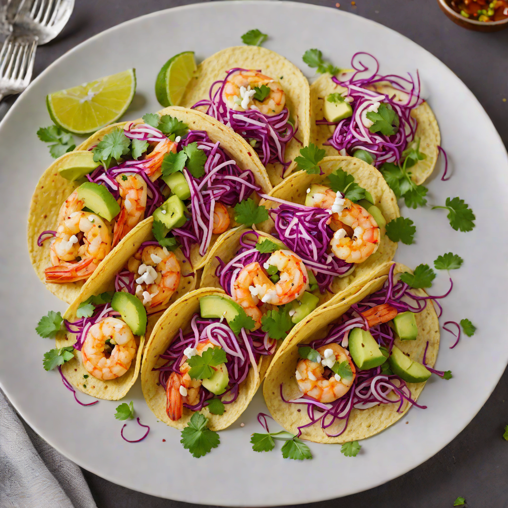 Sautéed Shrimp Tacos with Avocado Lime Crema and Pickled Red Cabbage