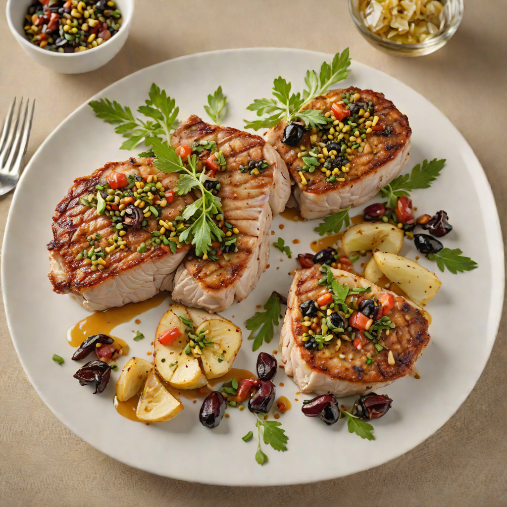 Pan-Seared Pork Chops with Olive Tapenade and Roasted Garlic