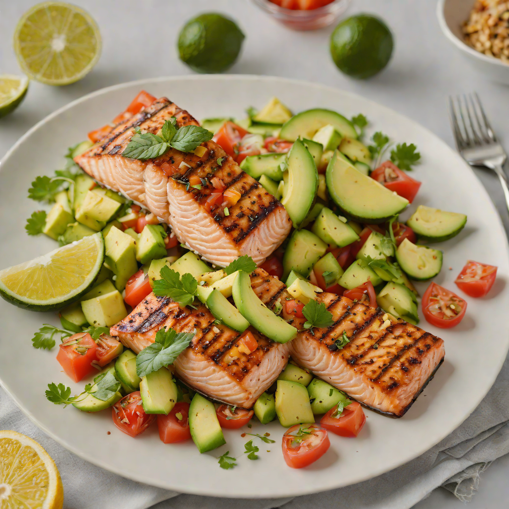 Grilled Citrus-Honey Glazed Salmon with Avocado and Tomato Salad