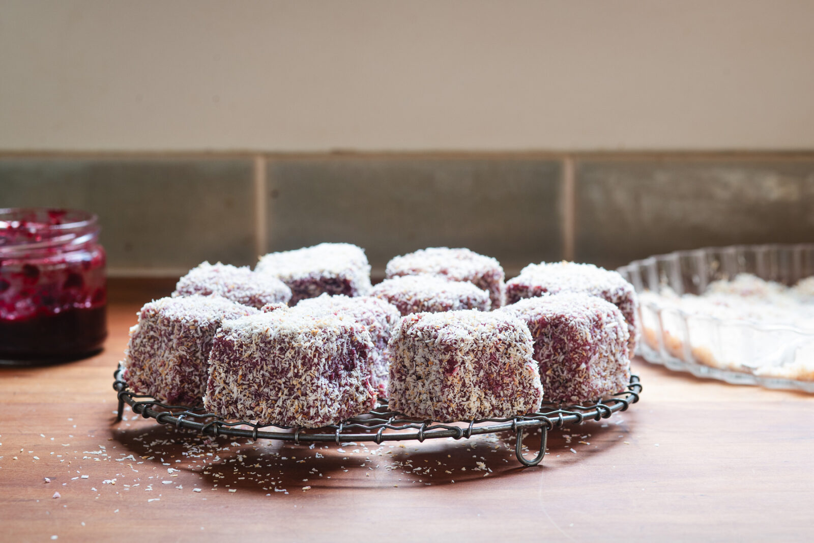 Blueberry Coconut Lamingtons with Toasted Coconut Coating