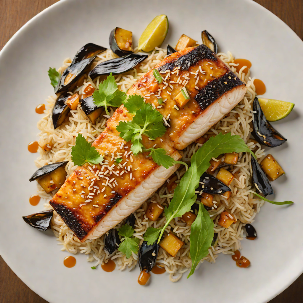 Pan-Seared Sea Bass with Miso-Glazed Eggplant Donburi