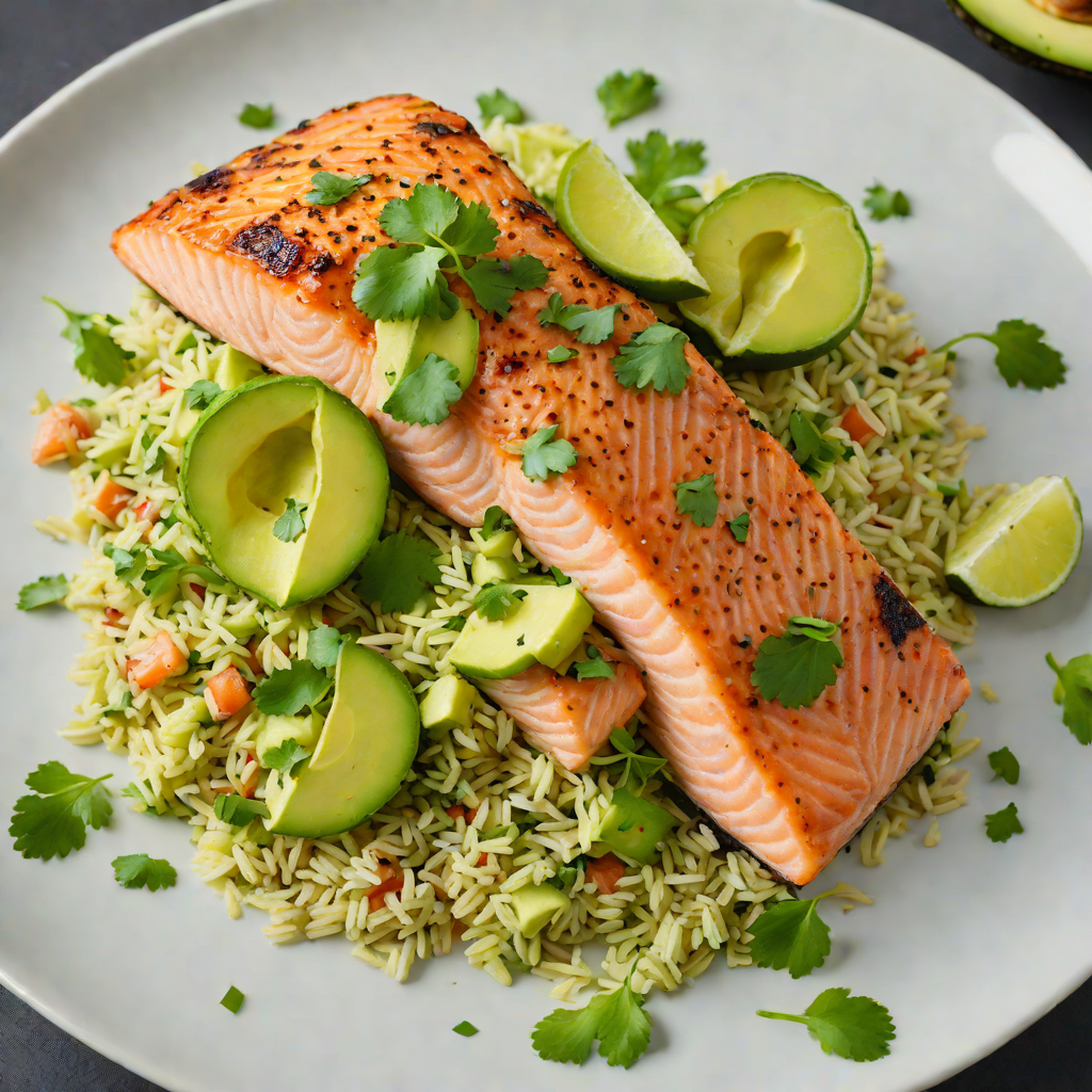 Pan-Seared Salmon with Cilantro Lime Rice and Avocado Crema