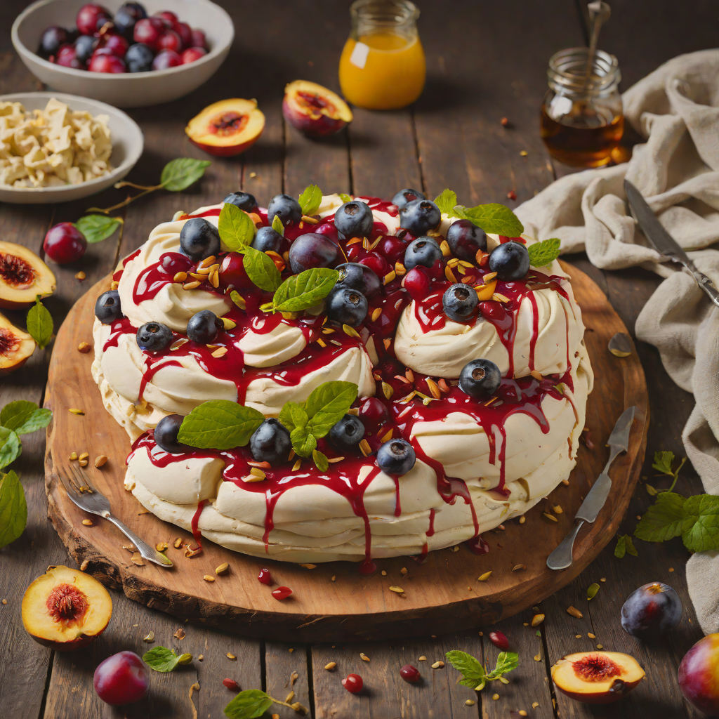 Queen Garnet Plum and Wattleseed Pavlova