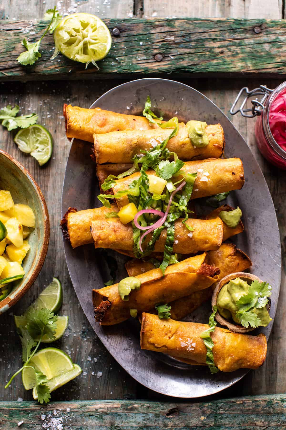Baked Chicken Taquitos with Avocado Crema