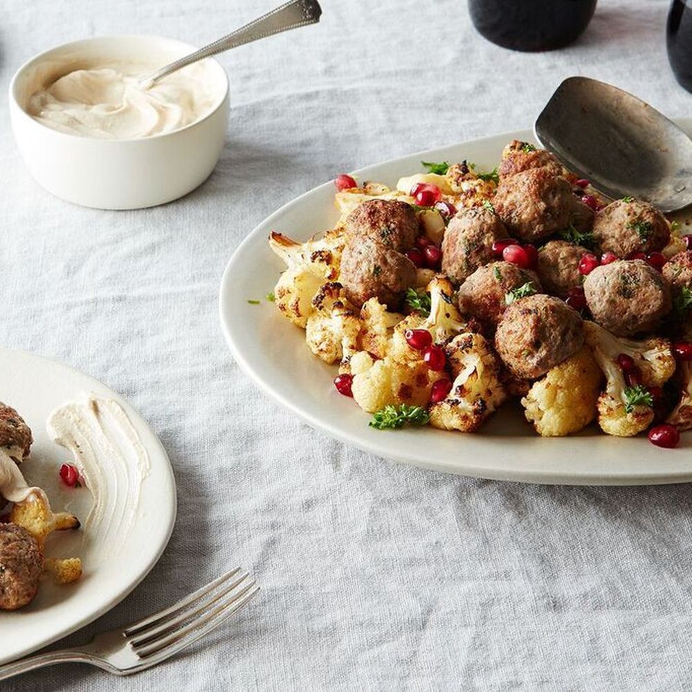 Isolated Spiced Lamb Meatballs with Tahini Yogurt Sauce