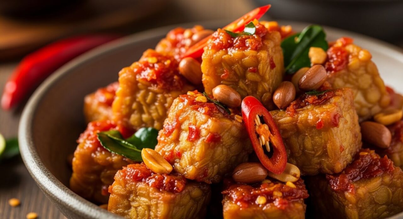 Sambal Goreng Tempeh with Crispy Shallots and Palm Sugar