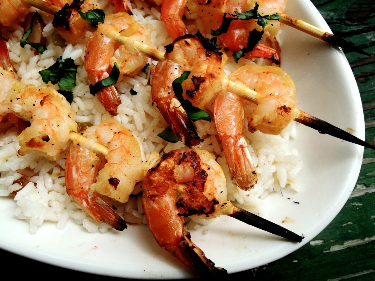 Aperol-Shrimp Skewers with Garlic-Herb Oil
