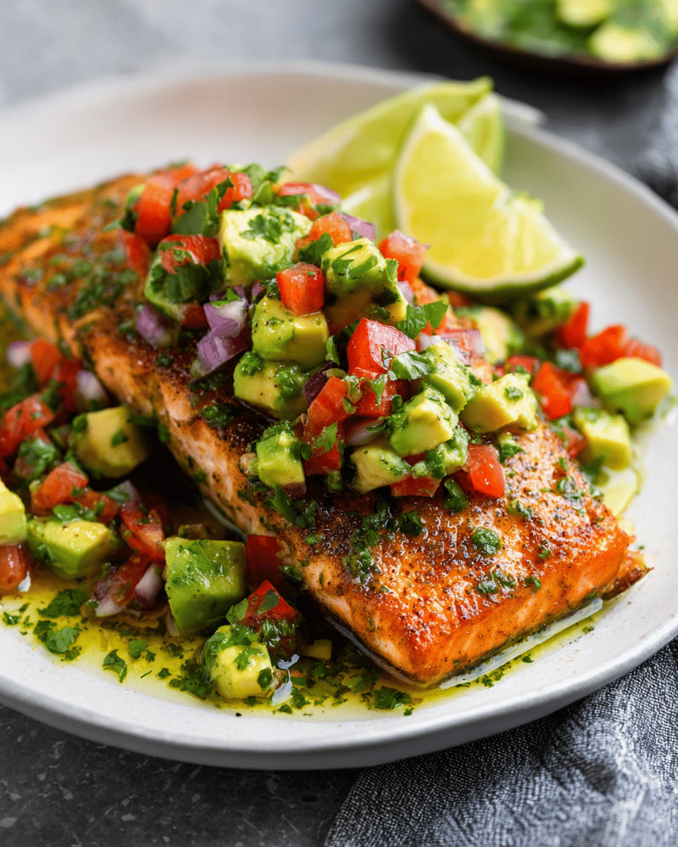 Oven-Baked Salmon with Avocado Salsa and Lime