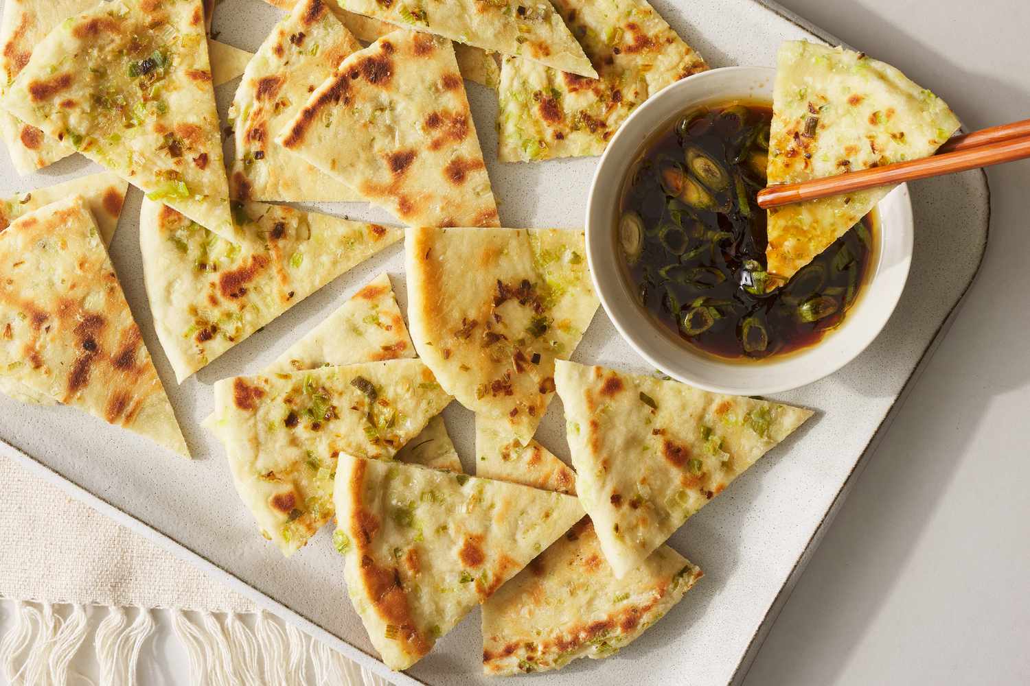 Cold Taiwanese Scallion Pancakes with Spicy Soy Dipping Sauce