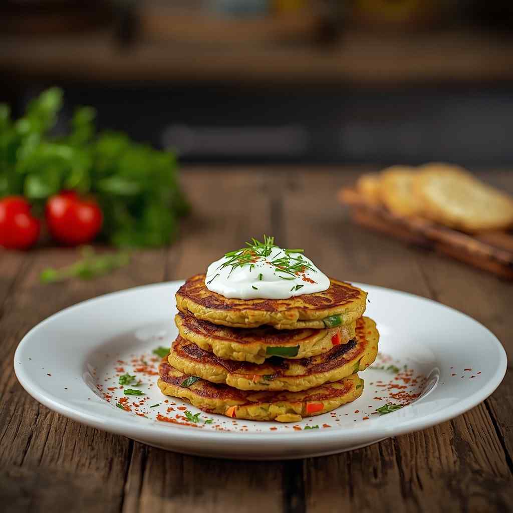 Vegetable-Infused Mini Pancakes with Honey Yogurt Dip